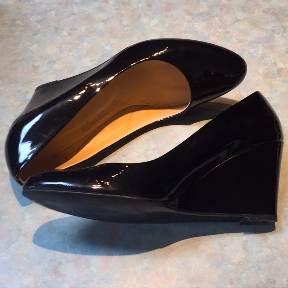 Patten Leather Wedge Pumps